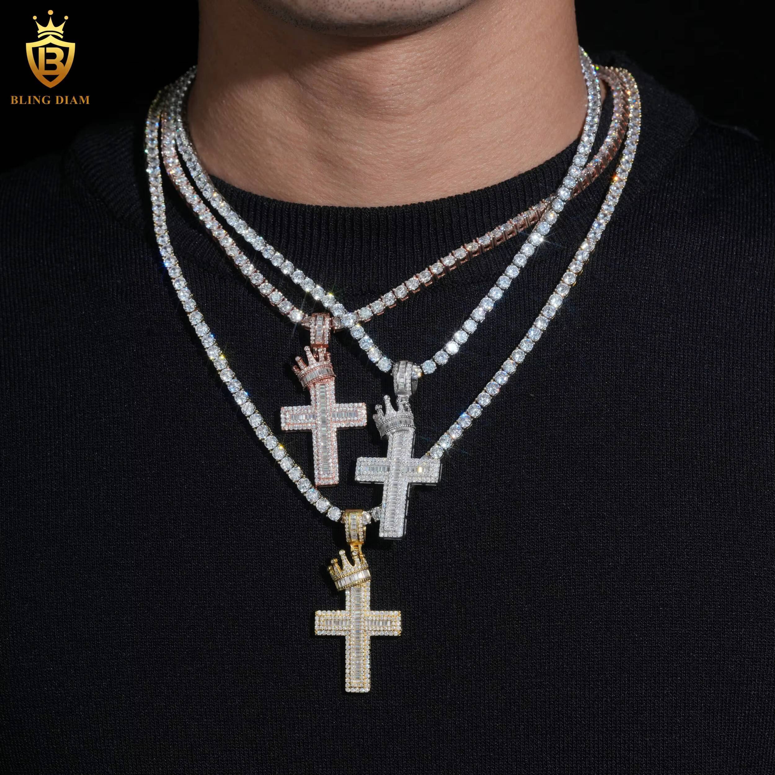 Cross Pendant Moissanite Charms 925 Silver Iced Out Baguette Cut Moissanite GRA Moissanite Pendant Men Fine Pendant Necklaces