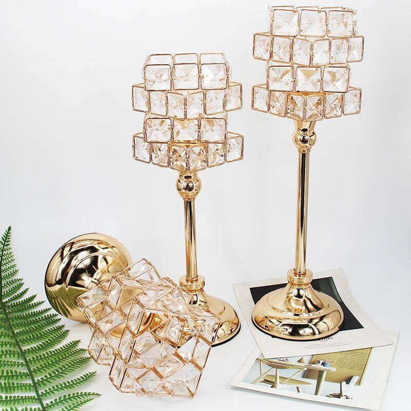 1pc Golden Crystal Pillar Candle Holder Candlesticks for Dining Coffee Table Wedding Events Parties Home Decor Y260131