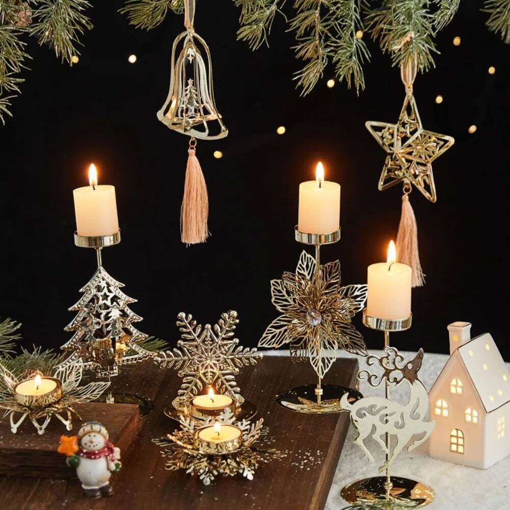 Metal Christmas Votive Candle Holders Snowflake Patterns Desktop Ornament Tealight Holder Xmas Tree Elk Candlelight Dinner Props Y260131