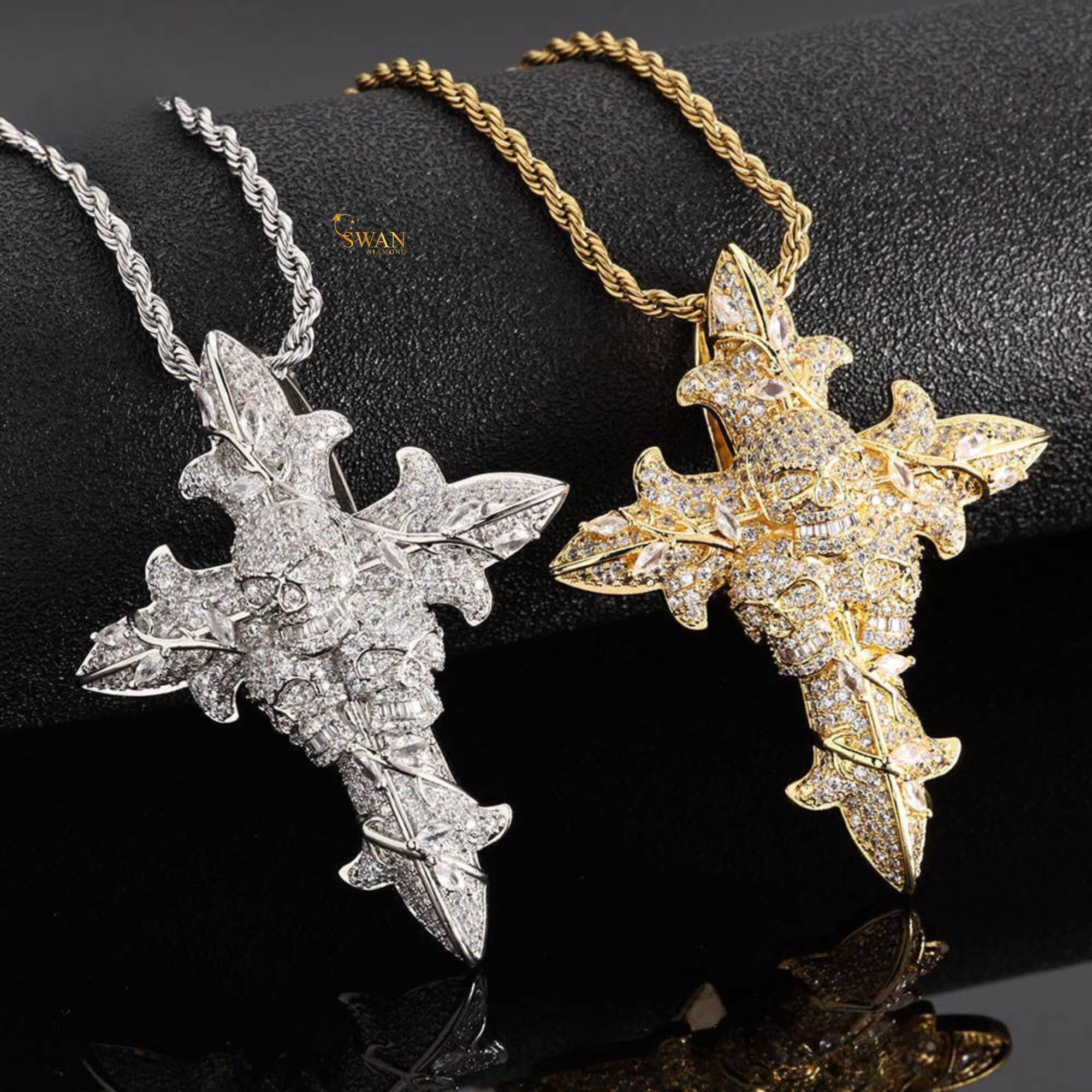 Stylish Swan Diamond 925 Silver Lab Grown Diamond Gothic Cross Skull Pendant Necklace Iced Hip Hop Statement Jewelry IGI