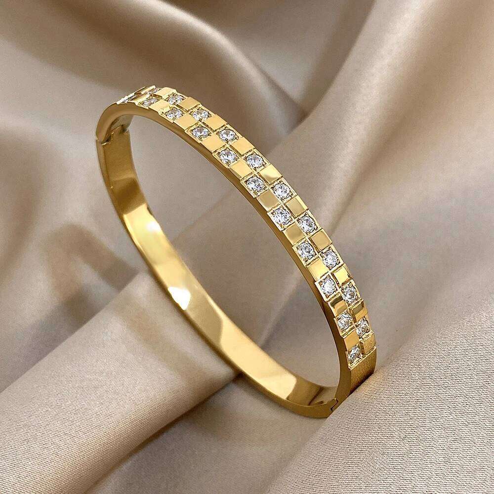 Inlaid Zircon Stainless Steel Spring Cuff for Women Smooth Thin Opening Bangle Waterproof Jewelry Accessories H260131 - view 3