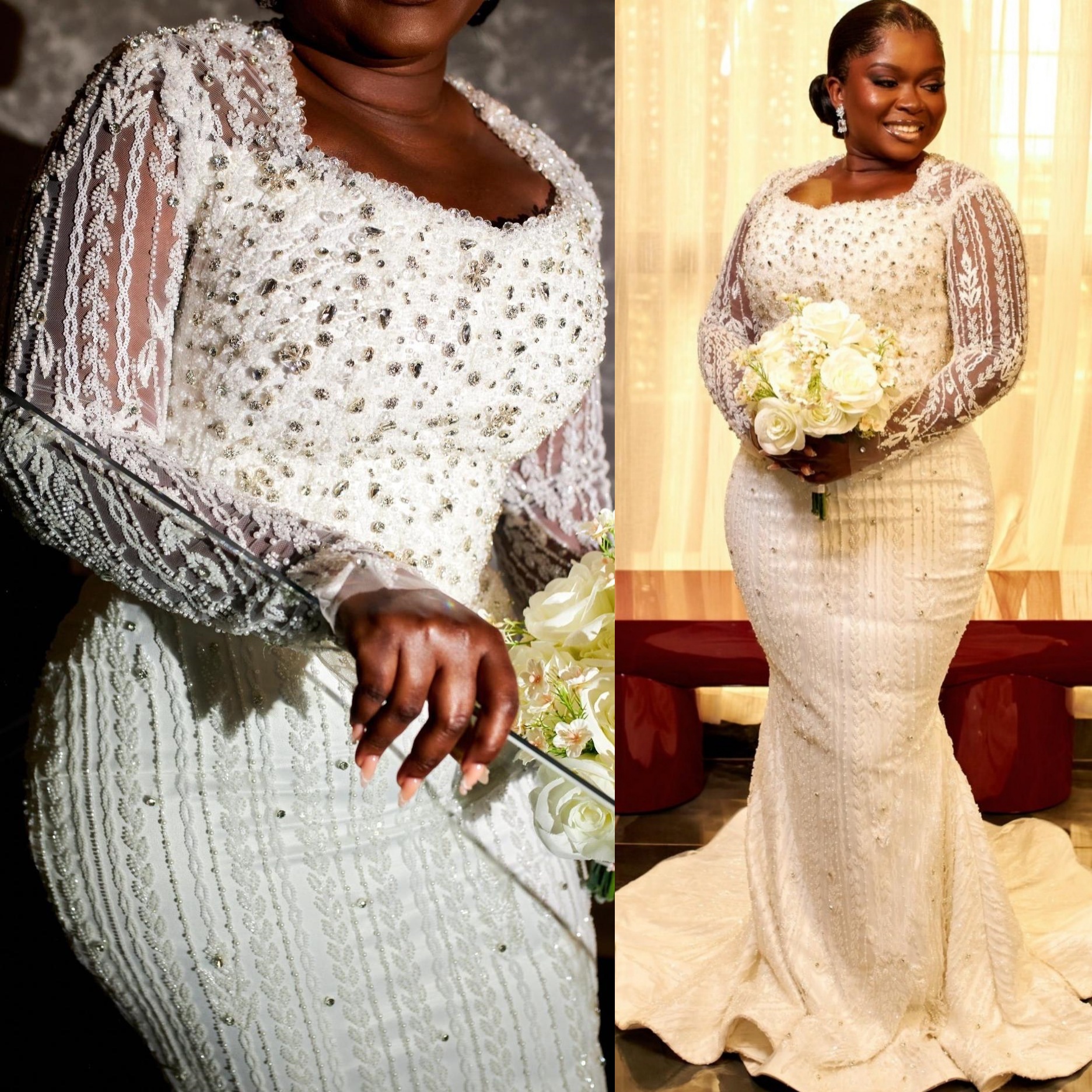 African Aso Ebi 2026 Ivory Mermaid Wedding Dress Square Crystals Full Sleeves Sequined Lace Vintage Sparkly Bridal Gowns Dresses ZJ266