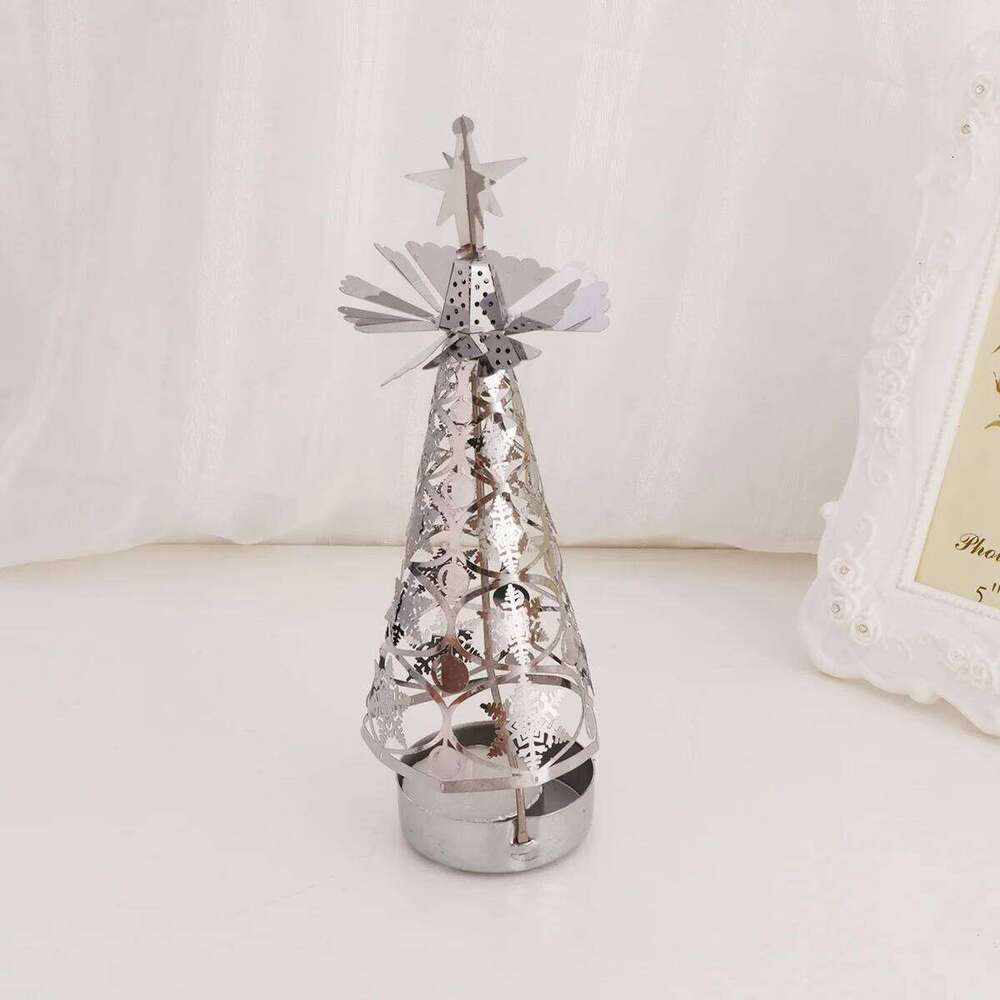 Christmas Rotation Silver Tree Shaped Revolving Candlestick Tea Light Holder for Holiday Party Decor Snowflake Y260131