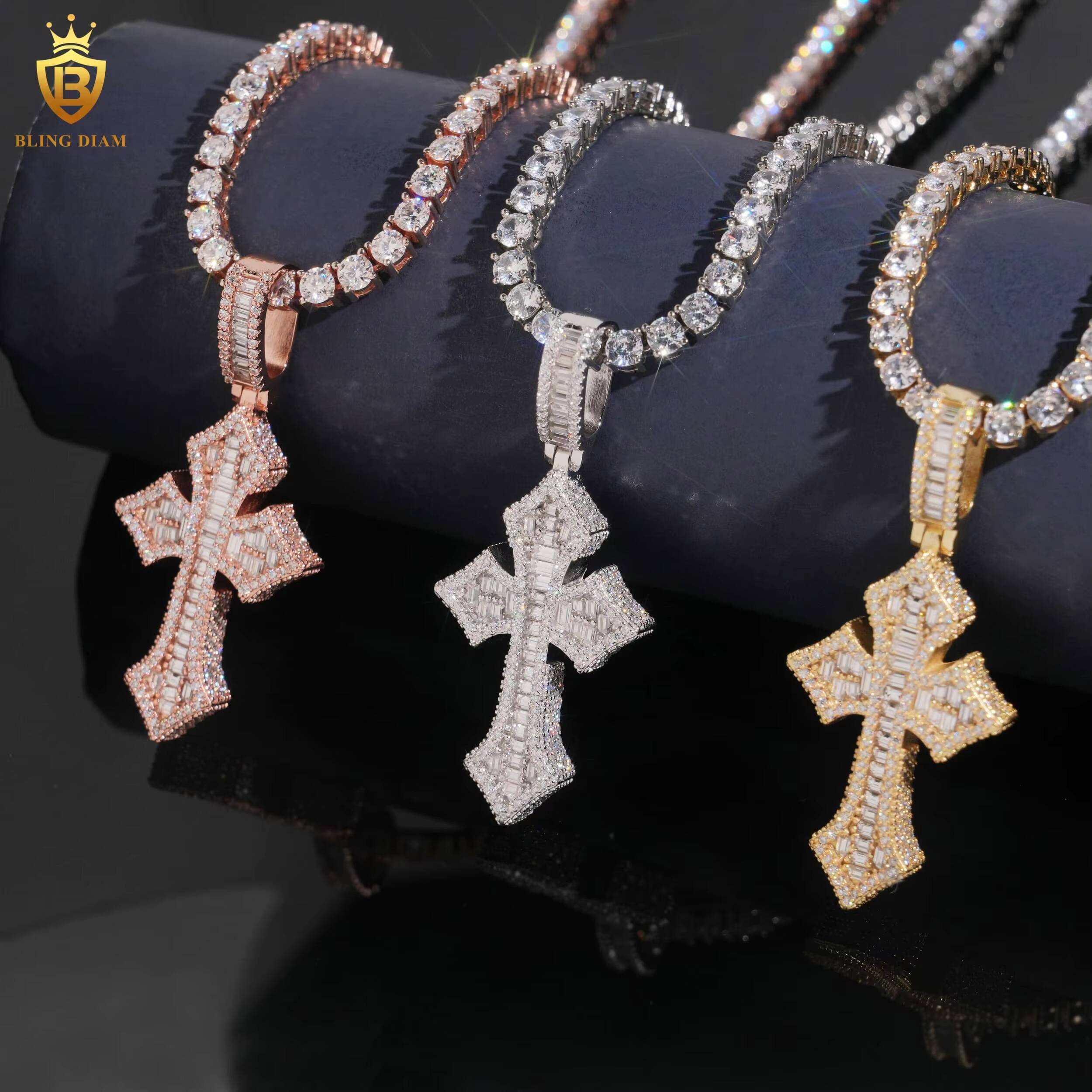 Cross Pendant Charms Baguette Moissanite 925 Sterling Silver Plated Cross Pendant Moissanite GRA Certified Pass Diamond Tester