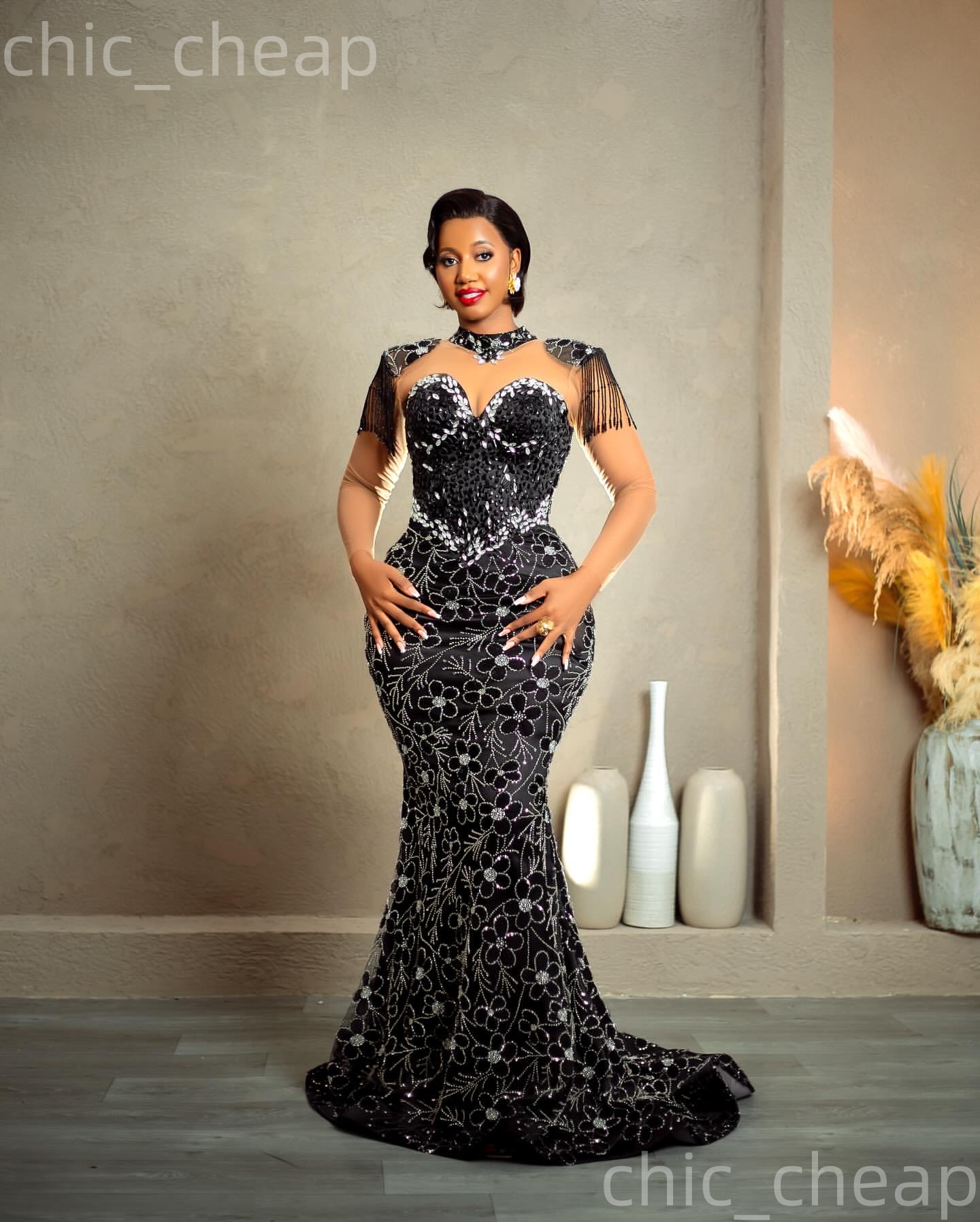 Aso Ebi Black Mermaid Prom Dresses 2026 Floral Lace Crystals Sheer Neck Evening Formal Party Second Birthday Engagement Gowns Dress For Special Occasi