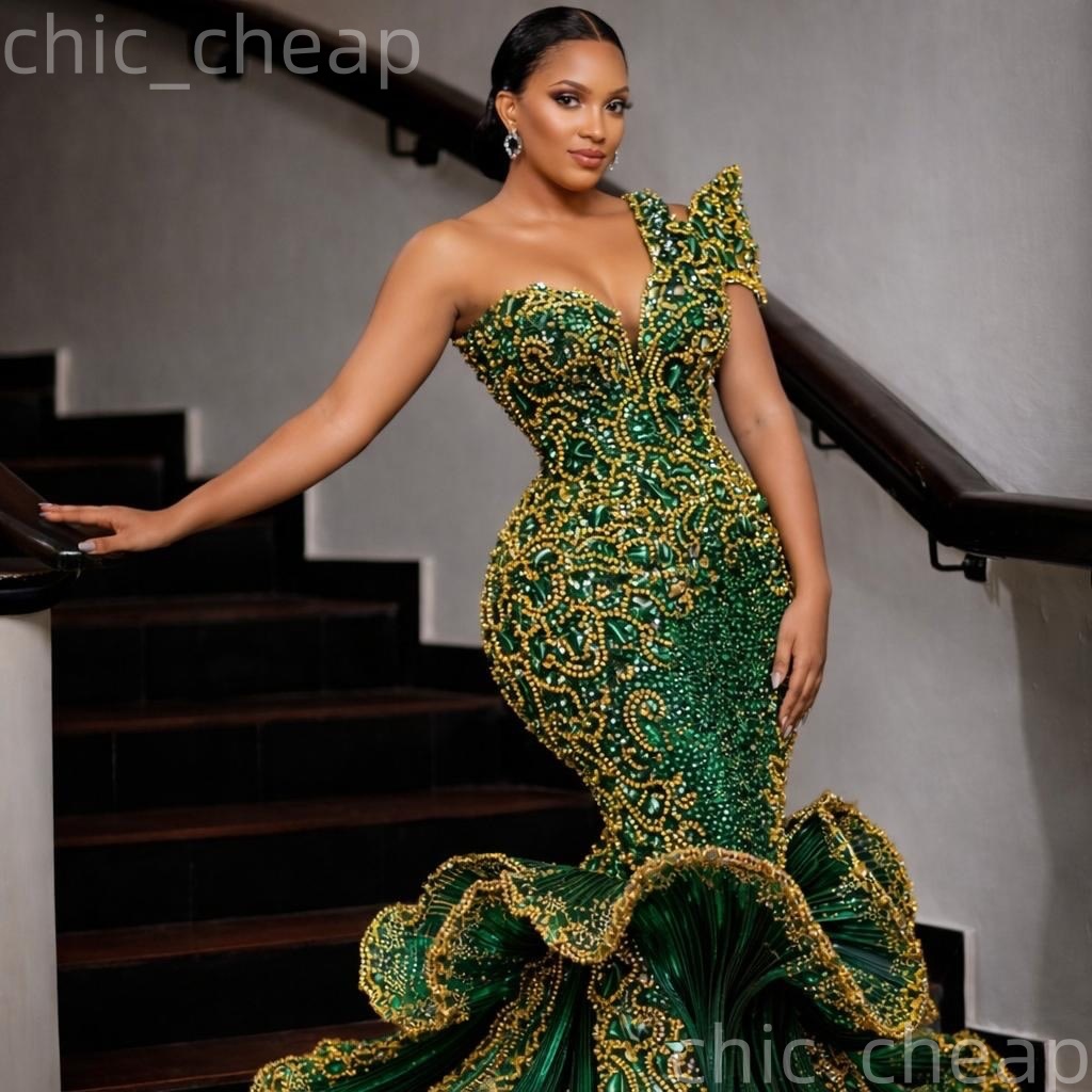 Aso Ebi Dark Green Mermaid Prom Dresses 2026 Beaded Crystals One Shoulder Evening Formal Party Second Birthday Engagement Gowns Dress For Special Occa