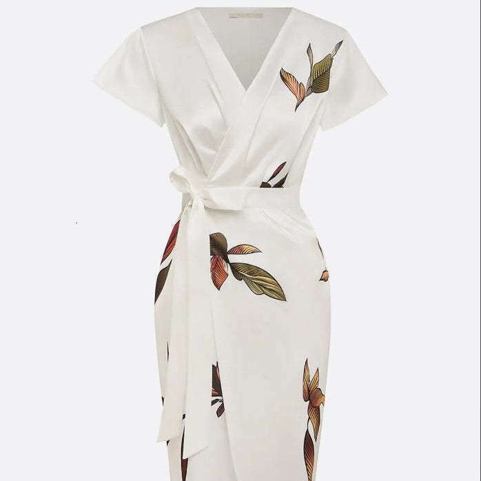 2026 European and American Fashion Cross-Border New Satin Printed Belted Dress