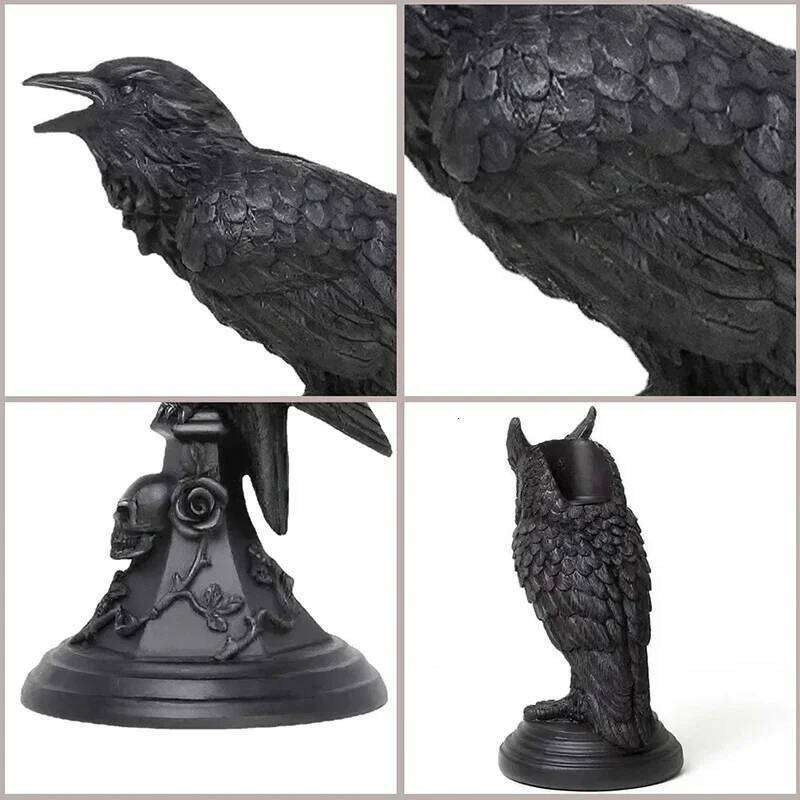 Gothic Crow Candle Holder Retro Black Owl Candlestick Sculpture Craft Halloween Statue Fun Atmosphere Home Decoration Y260131