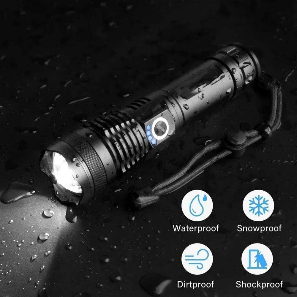 High Power 4-Core XHP50 LED Flashlight Type-C Rechargeable Torch Zoom Hand Lantern 18650 For Camping, Outdoor & Emergency Use H260131