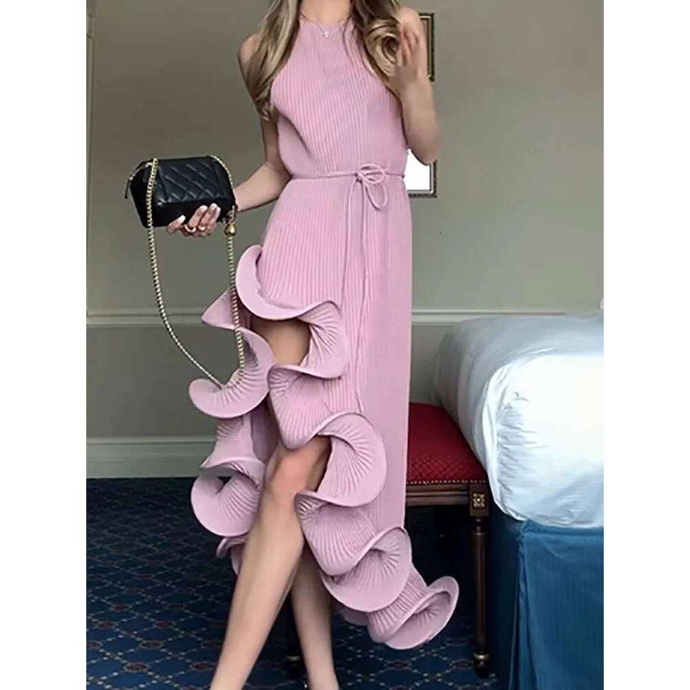 Round Neck Solid Patchwork Irregular Women Summer Off The Shoulder Fashion Party Dress, Sleeveless Elegant Ladies Dresses LEEGO LENS