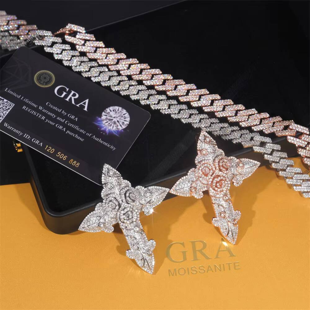 Fine Jewelry Pass Diamond Tester Rose Cross Charm Iced Out 925 Sterling Silver VVS Moissanite Cross Diamond Pendant