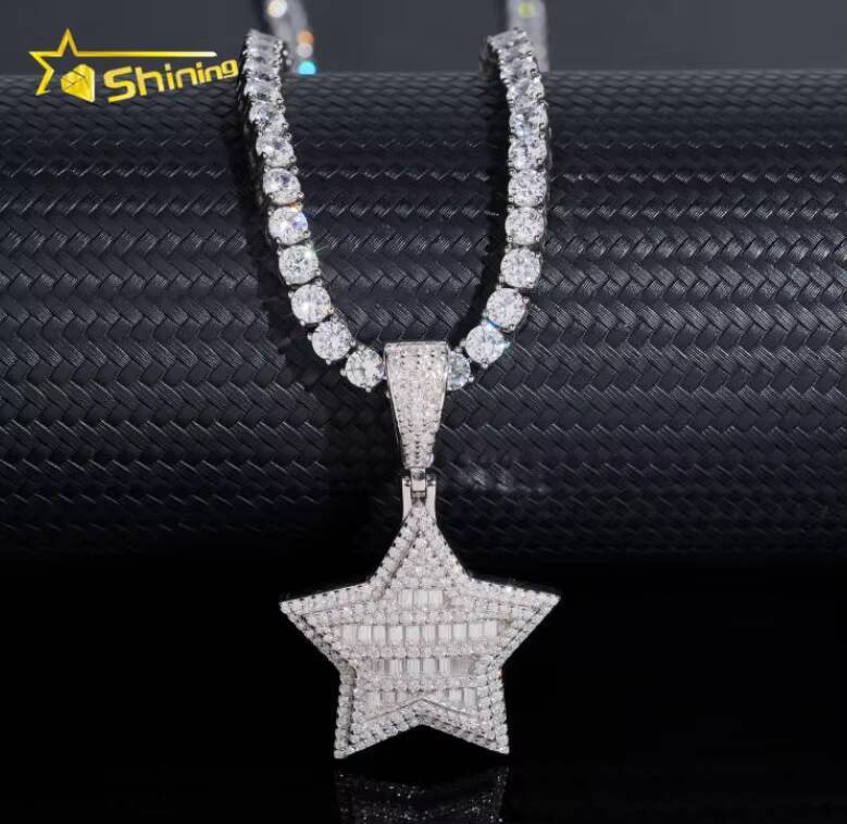 New Design Fine Jewelry Solid 925 Sterling Silver Gold Plating Hip Hop VVS Diamond Necklace Moissanite Iced Out Star Pendant