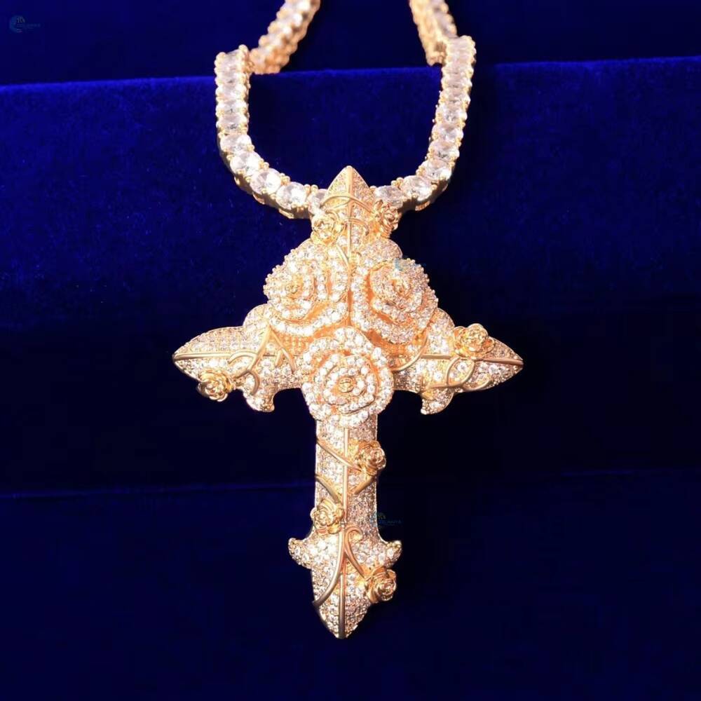 Luxury Christian Jewelry Moissanite Jesus Crucifix Pendant Full Iced Out Cross With Flower Design Pendant Hip Hop Pendant