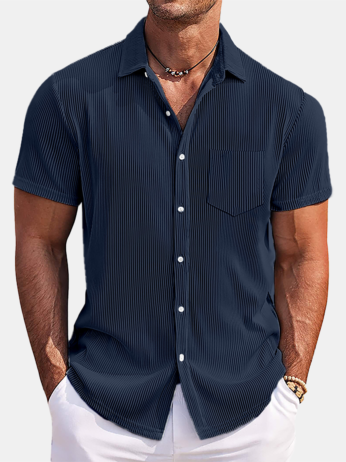 2026 New Men's comfortable and versatile vertical striped cotton and linen shirt short sleeve high-end loose cardigan men's clothing