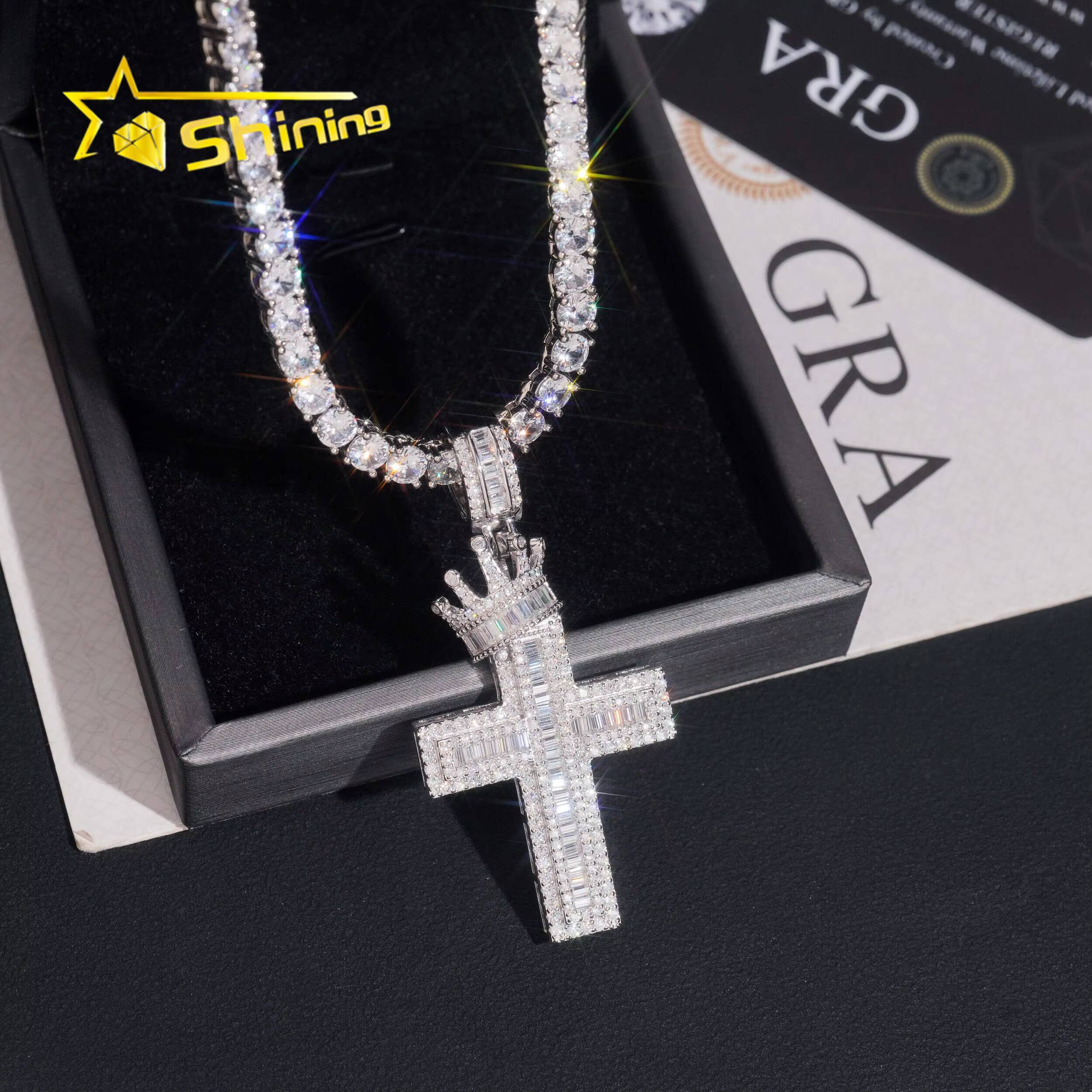 Crown Bail Baugette Moissanite Cross Charm 925 Sterling Silver Gold Plated Iced Out GRA Moissanite Pass Diamond Tester Pendant