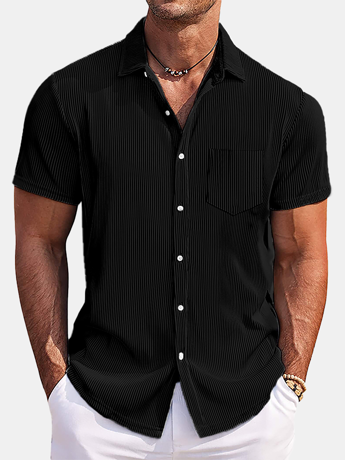 2026 New Men's comfortable and versatile vertical striped cotton and linen shirt short sleeve high-end loose cardigan men's clothing