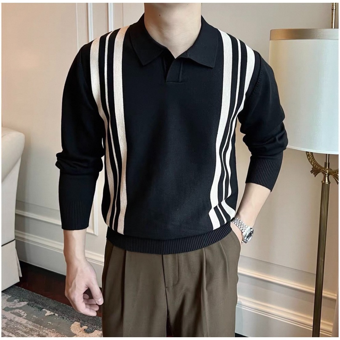 Fall and Winter New Sweater Men's British Vintage Stripe Contrast Slim Knit Top Business Casual Shirt White