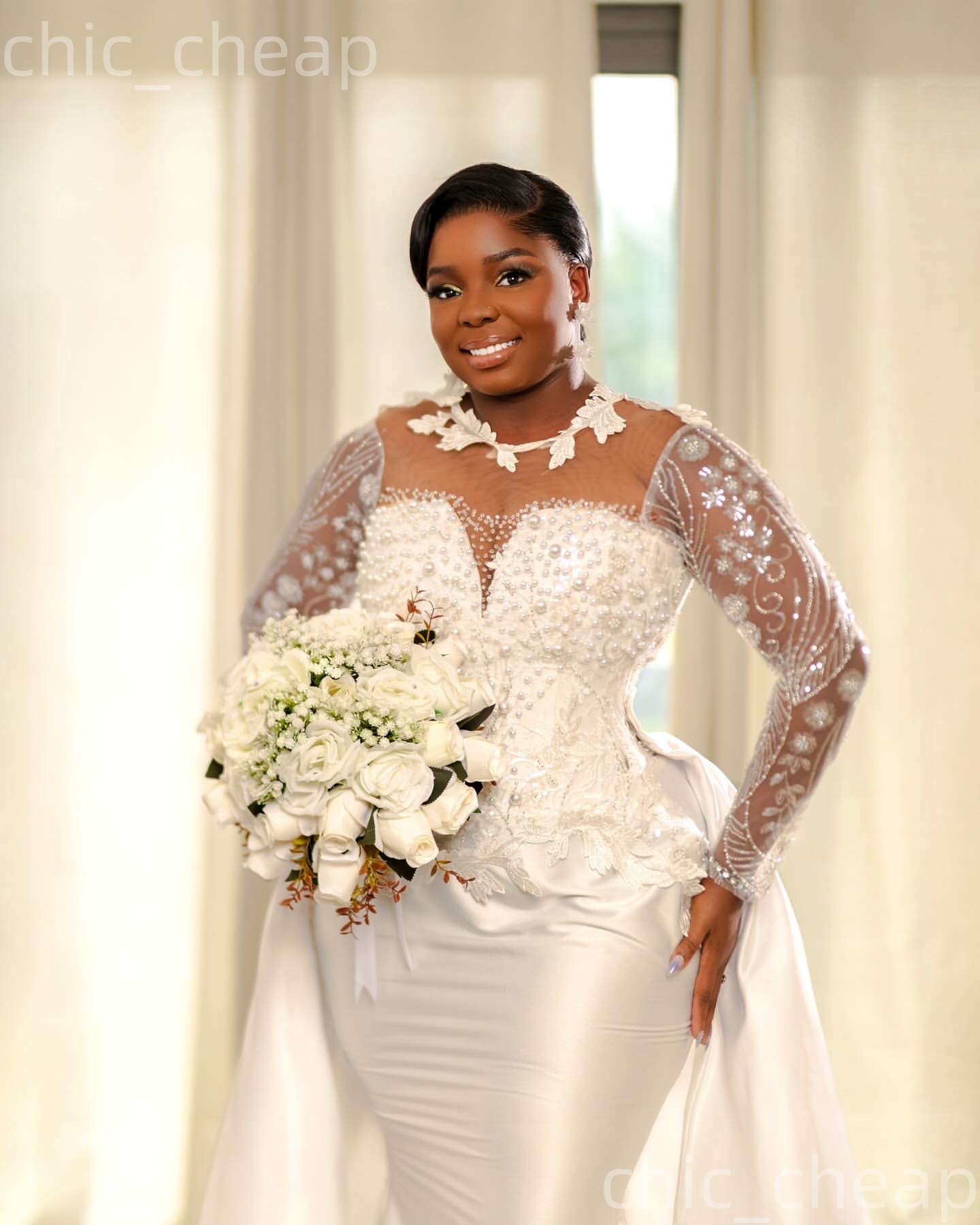 African Aso Ebi 2026 Ivory Mermaid Wedding Dress Lace Pearls Sheer Neck Satin Detachable Train Elegant Vintage Bridal Gowns Dresses ZJ267