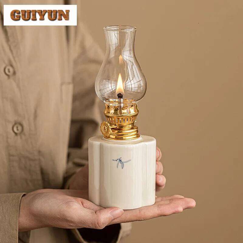Hand Drawn Flowers Kerosene Lamps Holder Candle Stick Antique Style Oil Lamp Indoor Light Home Decoration Y260131