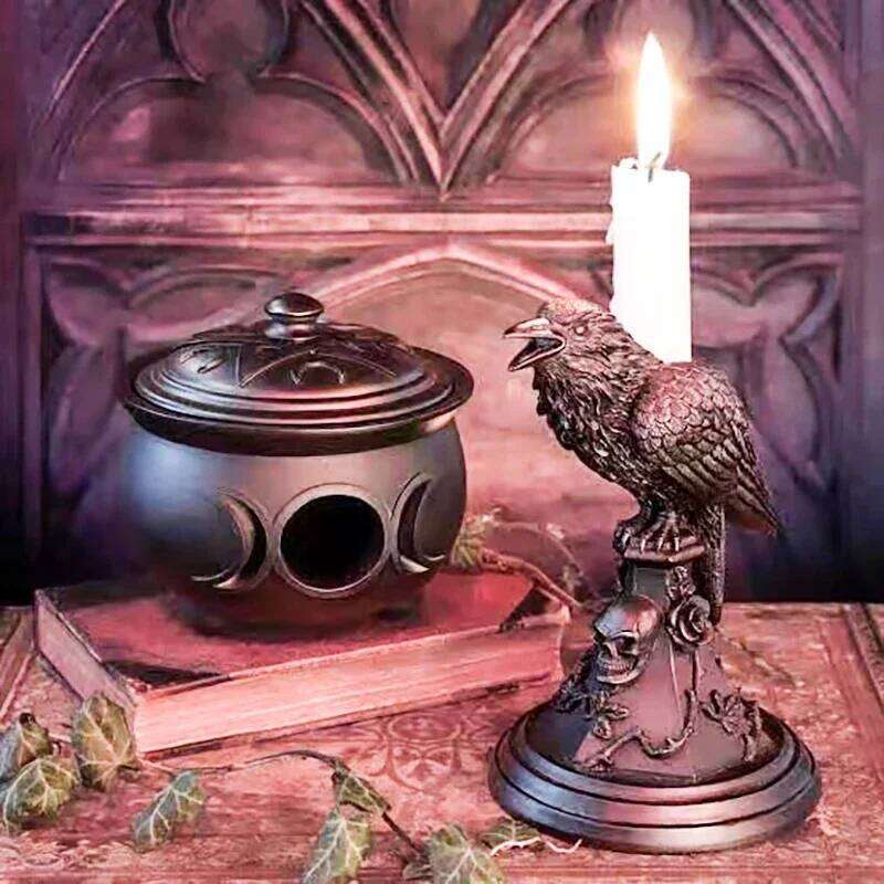 Gothic Crow Candle Holder Retro Black Owl Candlestick Sculpture Craft Halloween Statue Fun Atmosphere Home Decoration Y260131