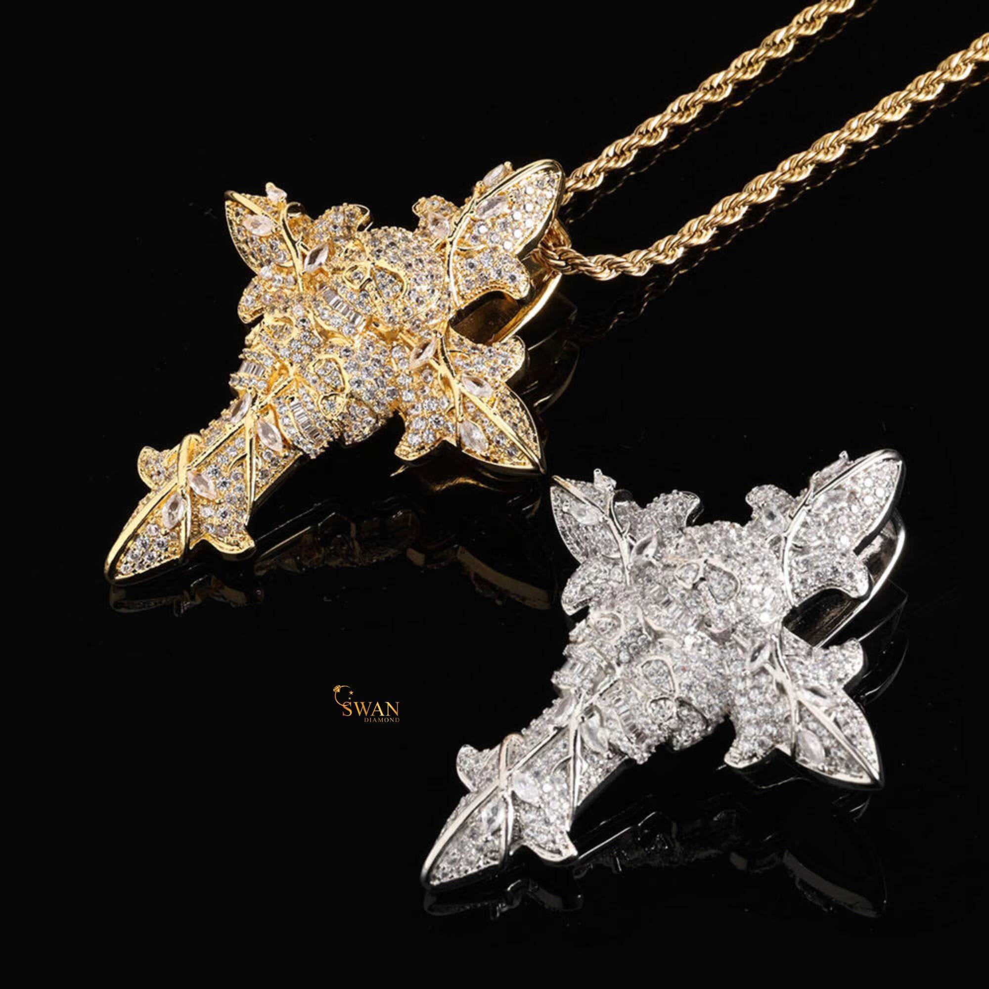 Stylish Swan Diamond 925 Silver Lab Grown Diamond Gothic Cross Skull Pendant Necklace Iced Hip Hop Statement Jewelry IGI
