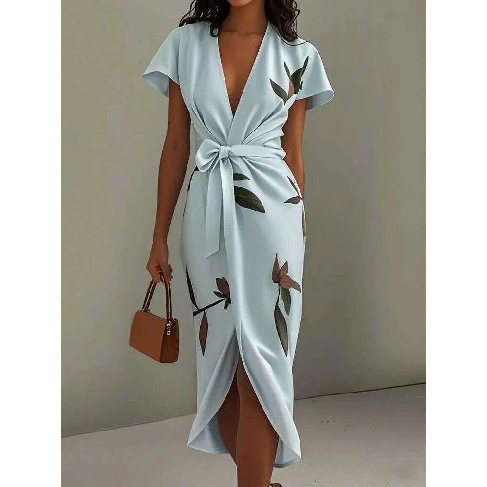 2026 European and American Fashion Cross-Border New Satin Printed Belted Dress