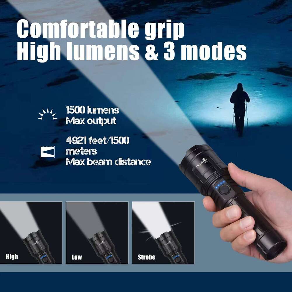 1500LM Portable Rechargeable LED Flashlights,Multi-functional With Focusing Mirror Light,Camping Fishing Emergency Zoom Lantern H260131