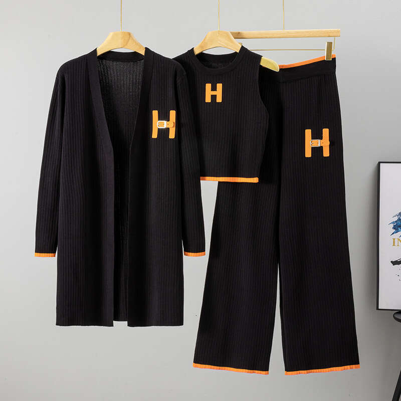 Cross-Border Foreign Trade Women's Knitted Long Cardigan Vest Wide-Leg Pants Three-Piece Set Casual Fashion Suit For Women Autumn Winter New Styl