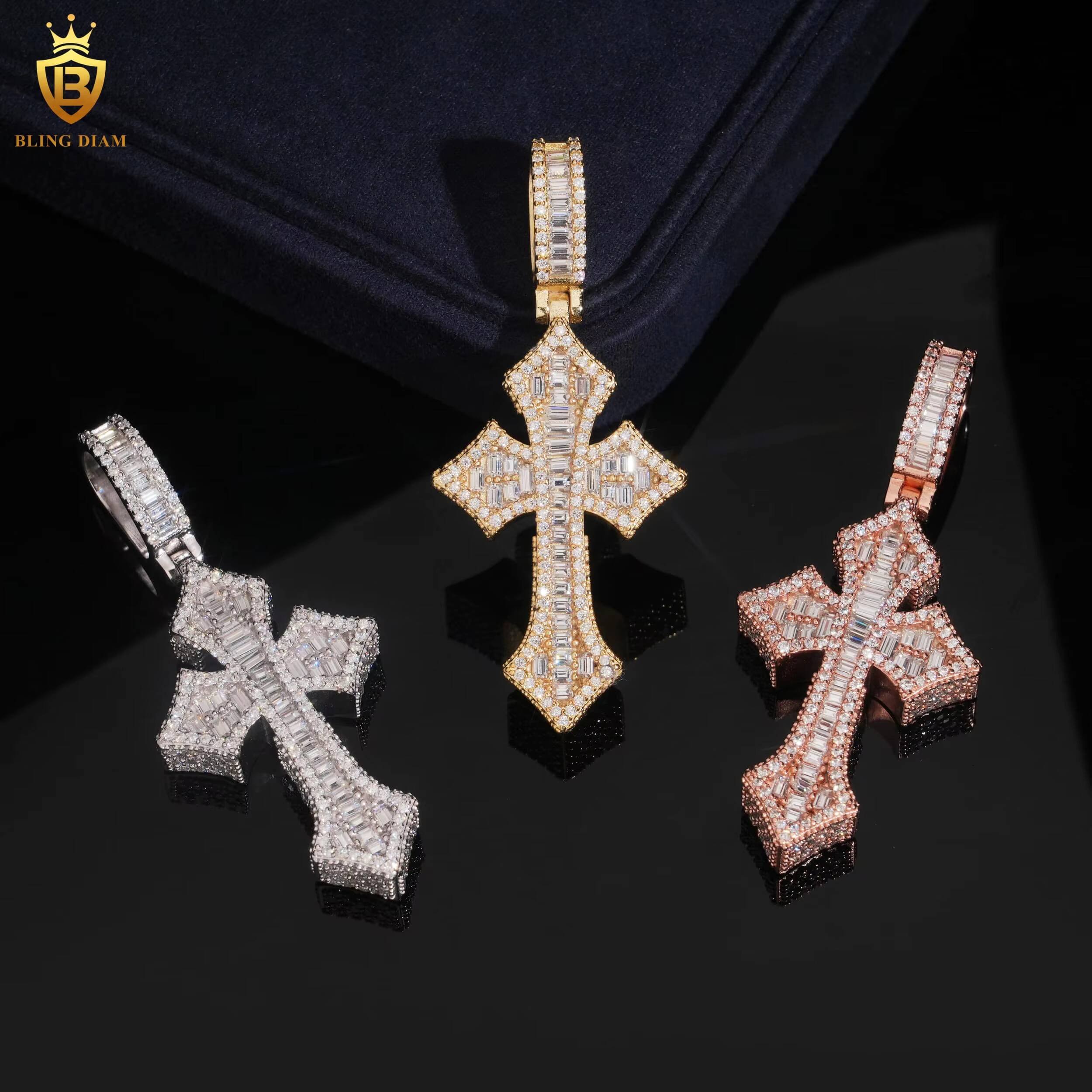 Cross Pendant Charms Baguette Moissanite 925 Sterling Silver Plated Cross Pendant Moissanite GRA Certified Pass Diamond Tester