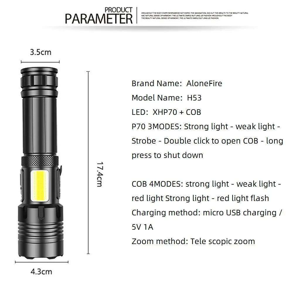 30W Zoom High Power Flashlight Tactical COB Usb rechargeable Outdoor Hiking Camping Hunting Fishing Handheld Patrol Light Torch H260131