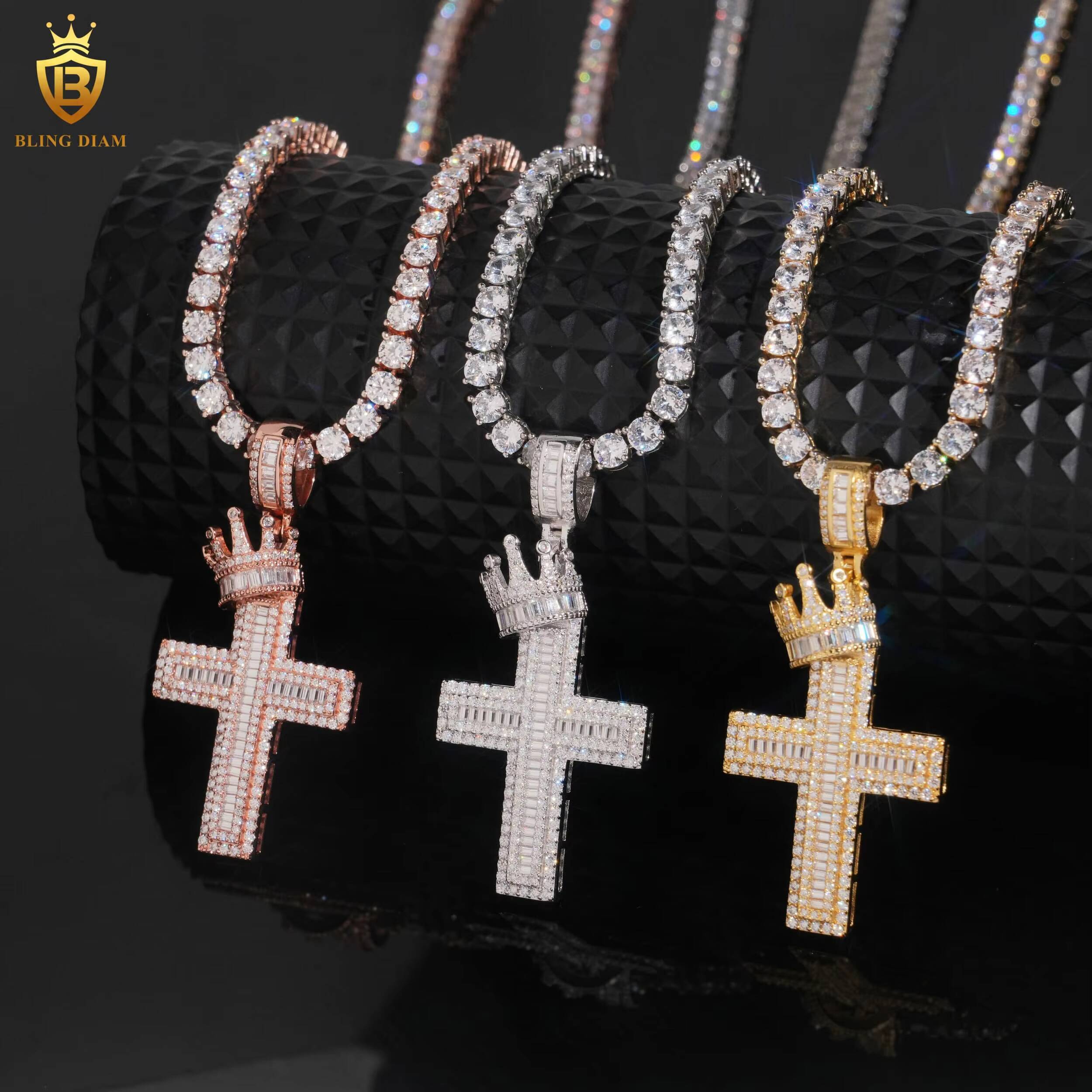 Cross Pendant Moissanite Charms 925 Silver Iced Out Baguette Cut Moissanite GRA Moissanite Pendant Men Fine Pendant Necklaces