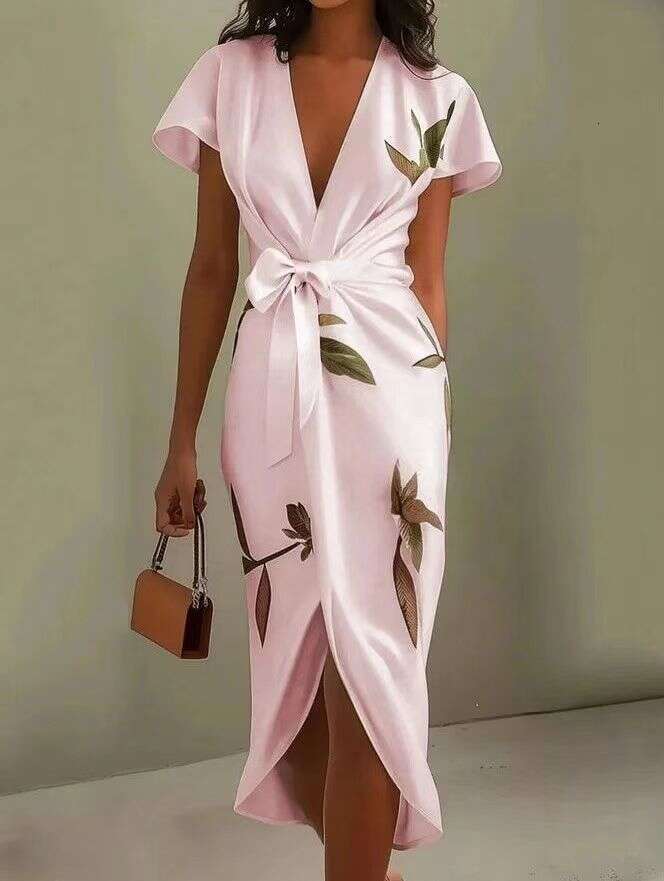 2026 European and American Fashion Cross-Border New Satin Printed Belted Dress