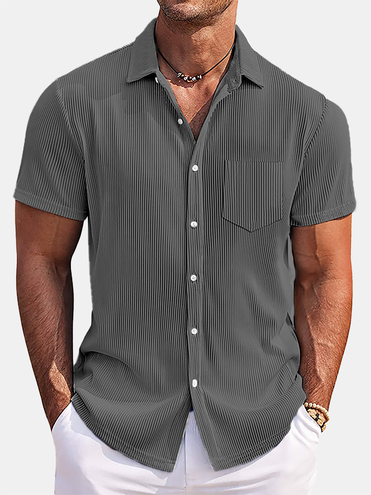 2026 New Men's comfortable and versatile vertical striped cotton and linen shirt short sleeve high-end loose cardigan men's clothing
