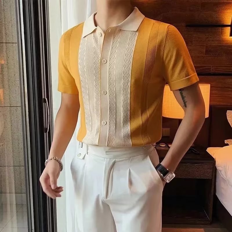 2026 Summer men's knit polo shirt slim solid color ice silk casual lapel half-sleeve polo shirt