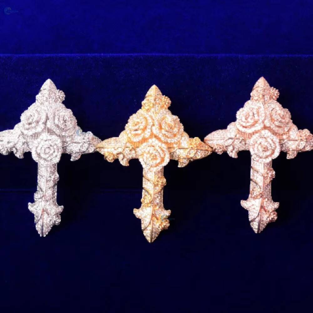 Luxury Christian Jewelry Moissanite Jesus Crucifix Pendant Full Iced Out Cross With Flower Design Pendant Hip Hop Pendant