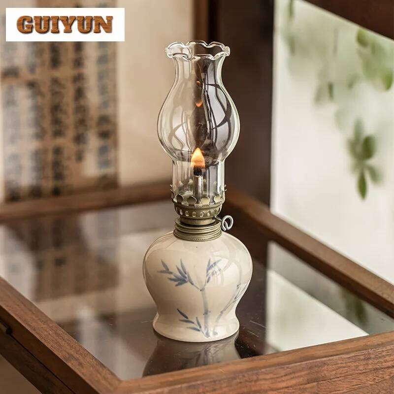 Hand Drawn Flowers Kerosene Lamps Holder Candle Stick Antique Style Oil Lamp Indoor Light Home Decoration Y260131