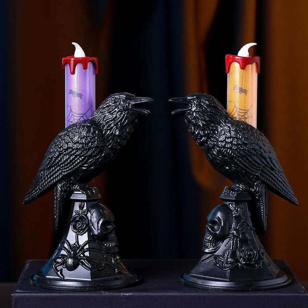 Creative Evil Black Crow Statue Glowing Candlestick LED Candles Lights Halloween Home Decorations Table Lamp Scary Ornaments Y260131