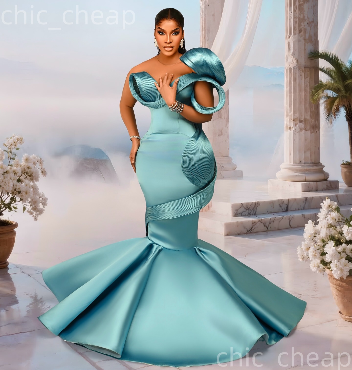 Aso Ebi Sky Blue Mermaid Prom Dresses 2026 Sheer Neck Satin Stylish Sleeveless Evening Formal Party Second Birthday Engagement Gowns Dress For Special