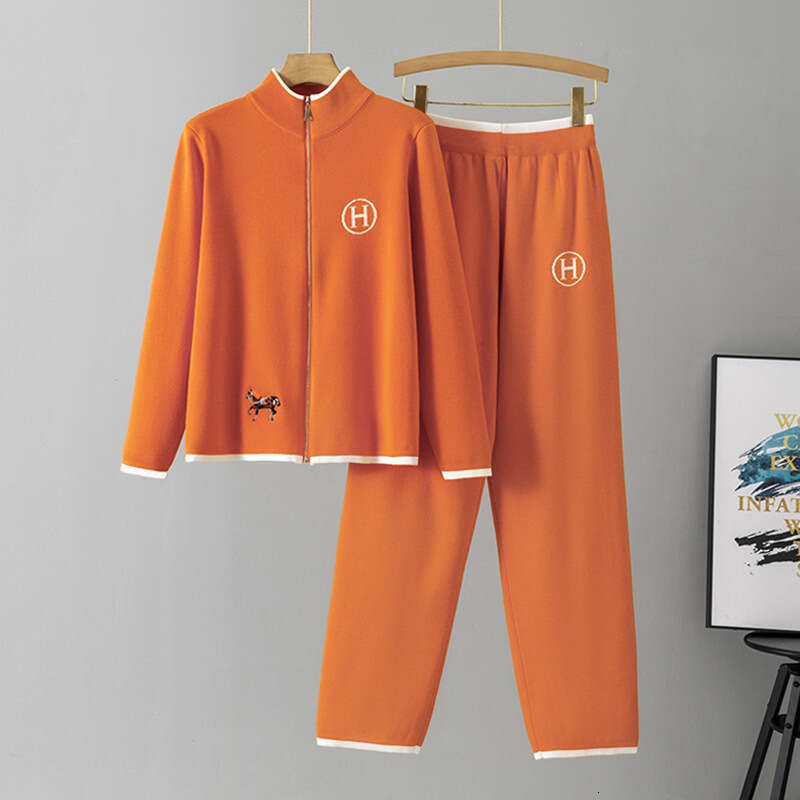 Cross-Border Foreign Trade Knitted Suit Women Autumn Winter Creative Horse Embroidery Long Sleeve Sweater Coat Casual Trousers Two-Piece Set