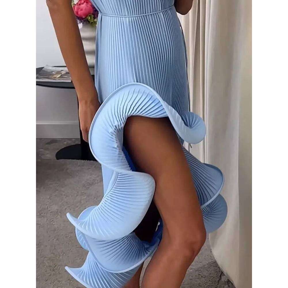 Round Neck Solid Patchwork Irregular Women Summer Off The Shoulder Fashion Party Dress, Sleeveless Elegant Ladies Dresses LEEGO LENS