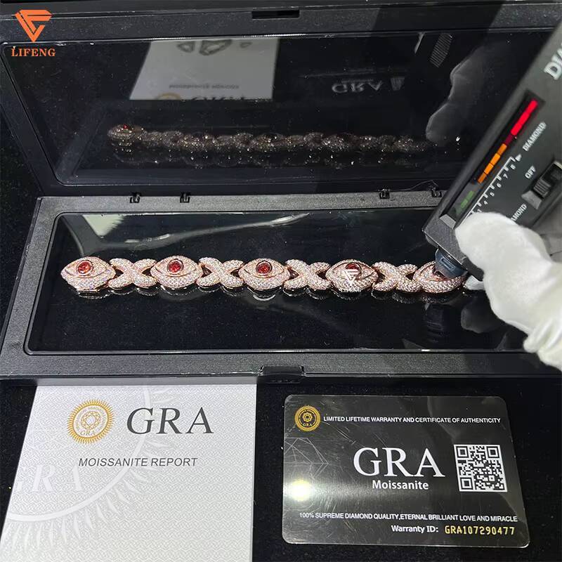 Diamond Tester Moissanite Gemstone Eyes Infinity Cuban Link Bracelet 925 Silver VVS Mossanite Iced Cross Cuban Bracelet