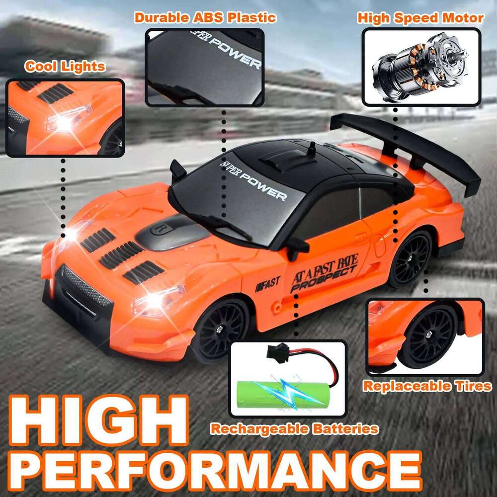1:24 scale 4WD remote drift car 2.4GHz, with lights and spare tires, 2 rechargeable batteries, ideal gift for Christmas Y260131