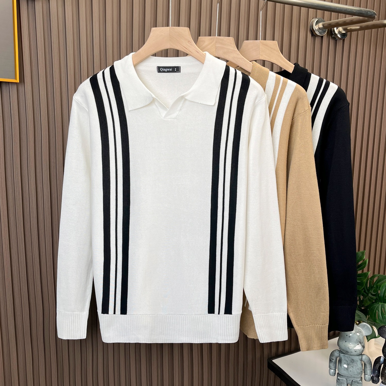 Fall and Winter New Sweater Men's British Vintage Stripe Contrast Slim Knit Top Business Casual Shirt White