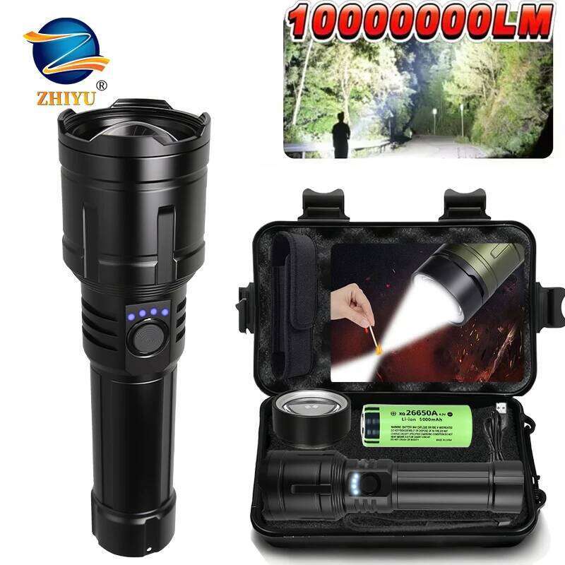 Powerful LED USB C Rechargeable with Fresnel Lens Flashlight Super Bright Aluminum Zoom Torch Emergency Power Bank H260131