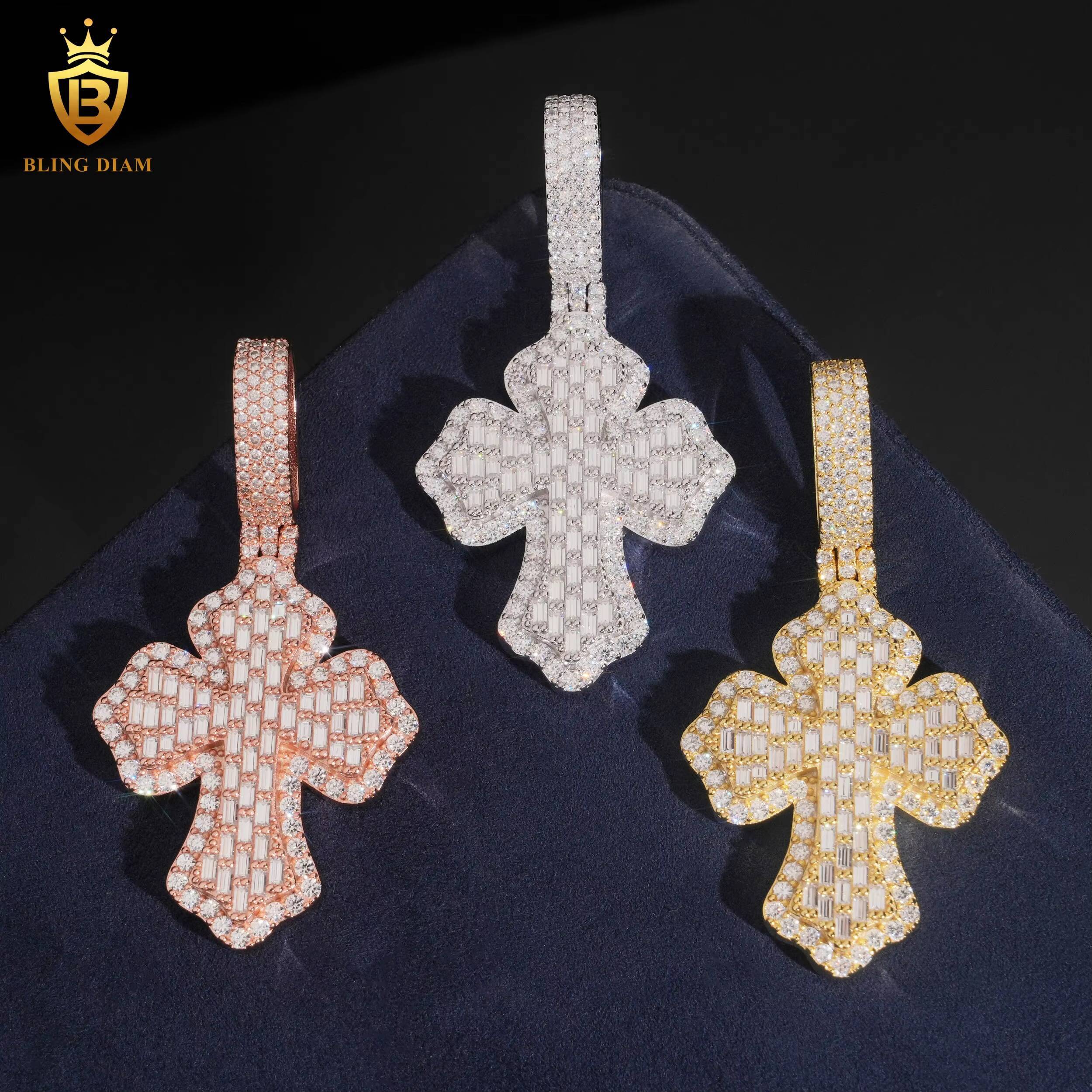 Luxury Jewelry Rose Gold Moissanite Pendant Hip Hop Pastes Diamond Tester 925 Sterling Silver Baguette Cut Cross Diamond