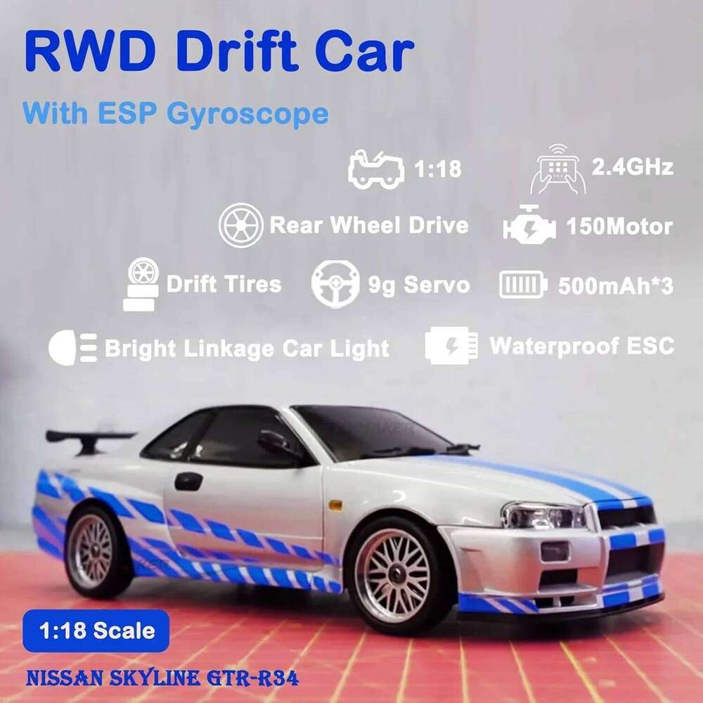 LDRC 1899 1/18 RC Drift LD1899 GTR Mode R34 2.4GHz RWD with Gyroscope on-Road Alloy Body Shell Racing Car for Boys Gifts Y260131