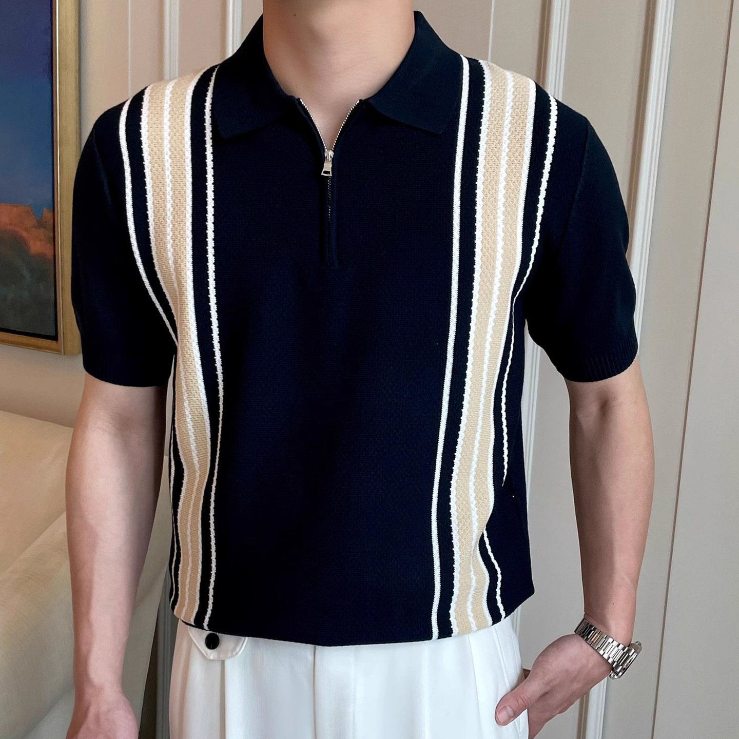 Men's light luxury summer men's vintage contrast pineapple pattern jacquard striped casual knitted POLO top