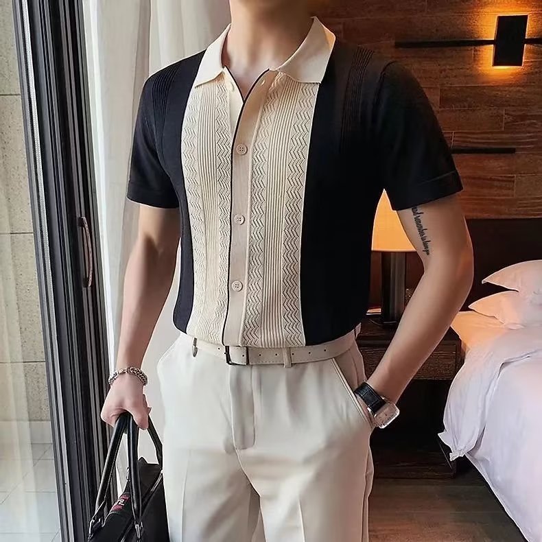 2026 Summer men's knit polo shirt slim solid color ice silk casual lapel half-sleeve polo shirt