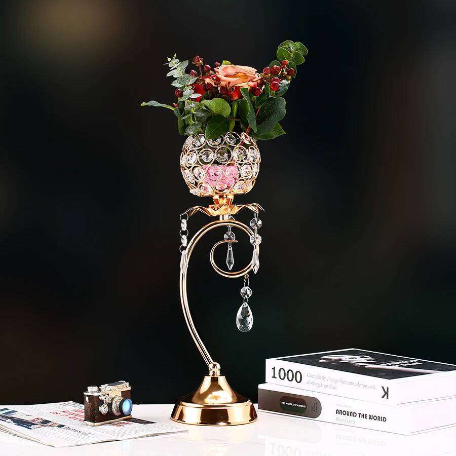 1pc Golden Crystal Candle Holder, Iron Small Vintage Candlestick for Table Home Decor Wedding Y260131