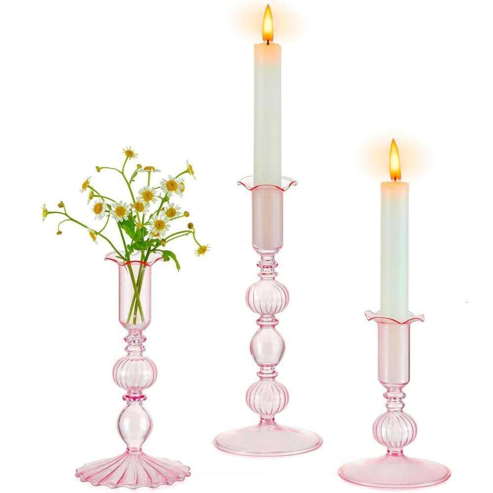 3pcs Glass Tapered Clear Sticks Holder Modern Ribbed Candle Holders for Table Centerpiece Wedding Home Decorations Y260131